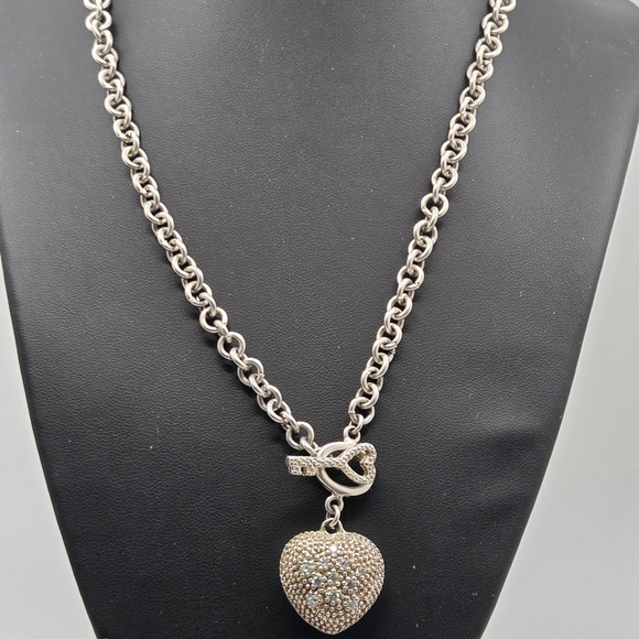Puffy Heart Rhinestones Silver 925 Necklace Chain Front Toggle Clasp 18" - Picture 2 of 8